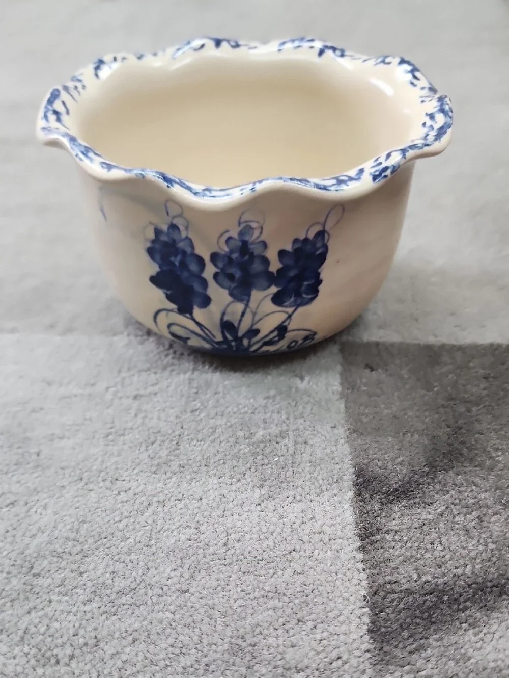 Cream and Blue Floral Scalloped Ceramic Serving Bowl and Cup Set
